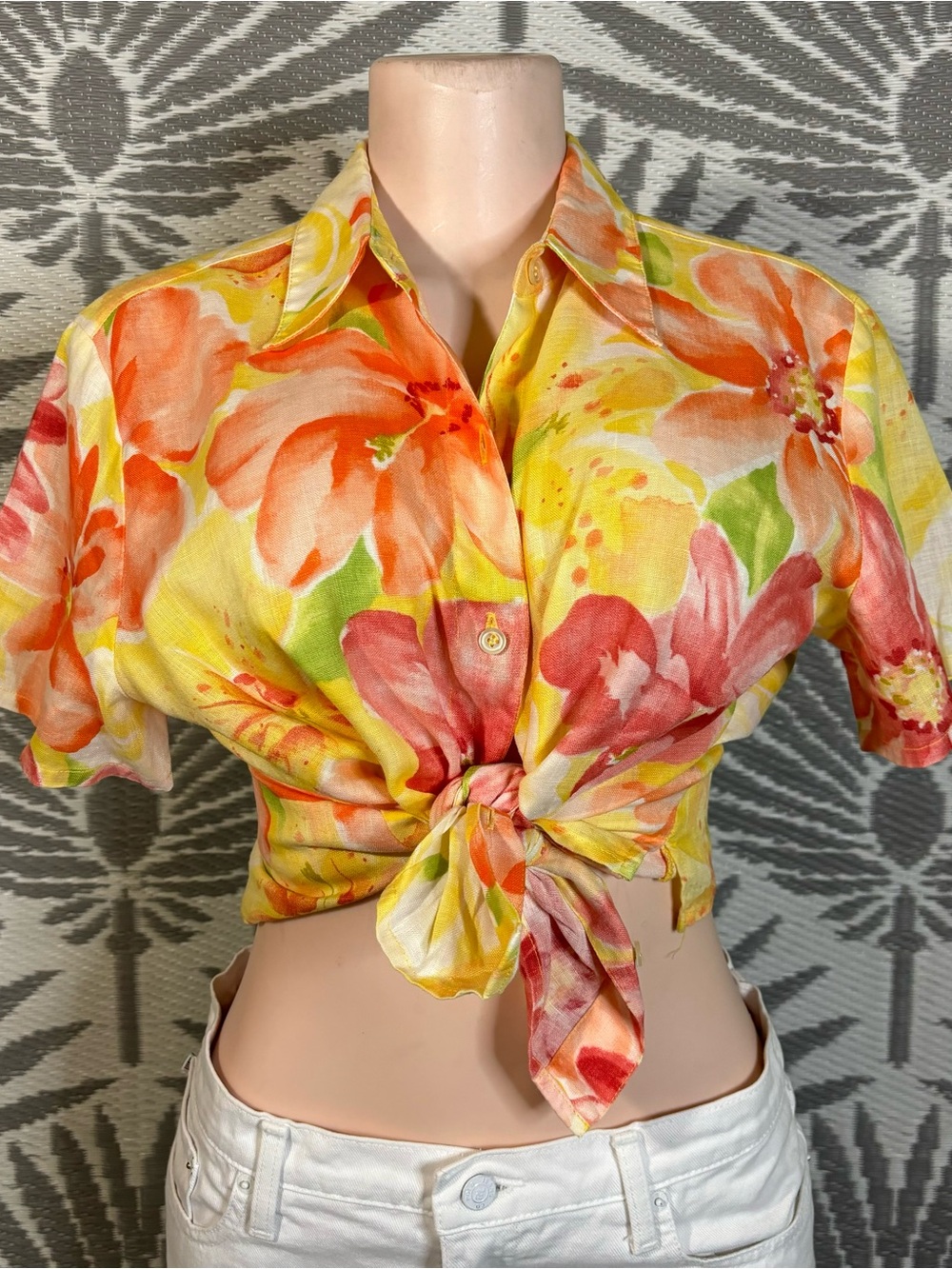 Liz Claiborne Linen Floral Hawaiian Tropical Button Up Shirt Petite M Beach